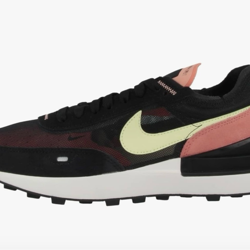 Black and Pink Sneakers with Yellow Swoosh.
